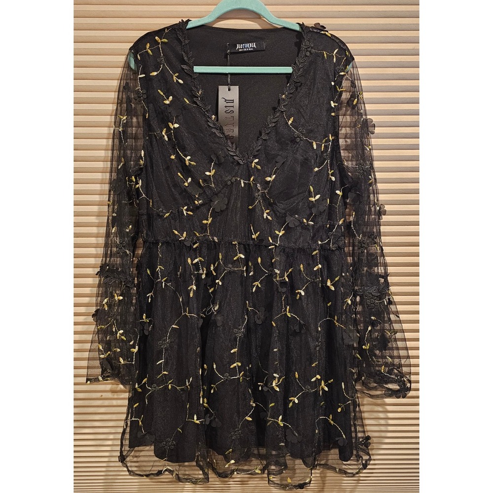 Disturbia Chrysanthi Applique Mini Dress Black Mesh Floral Goth AW24M14 US 14
